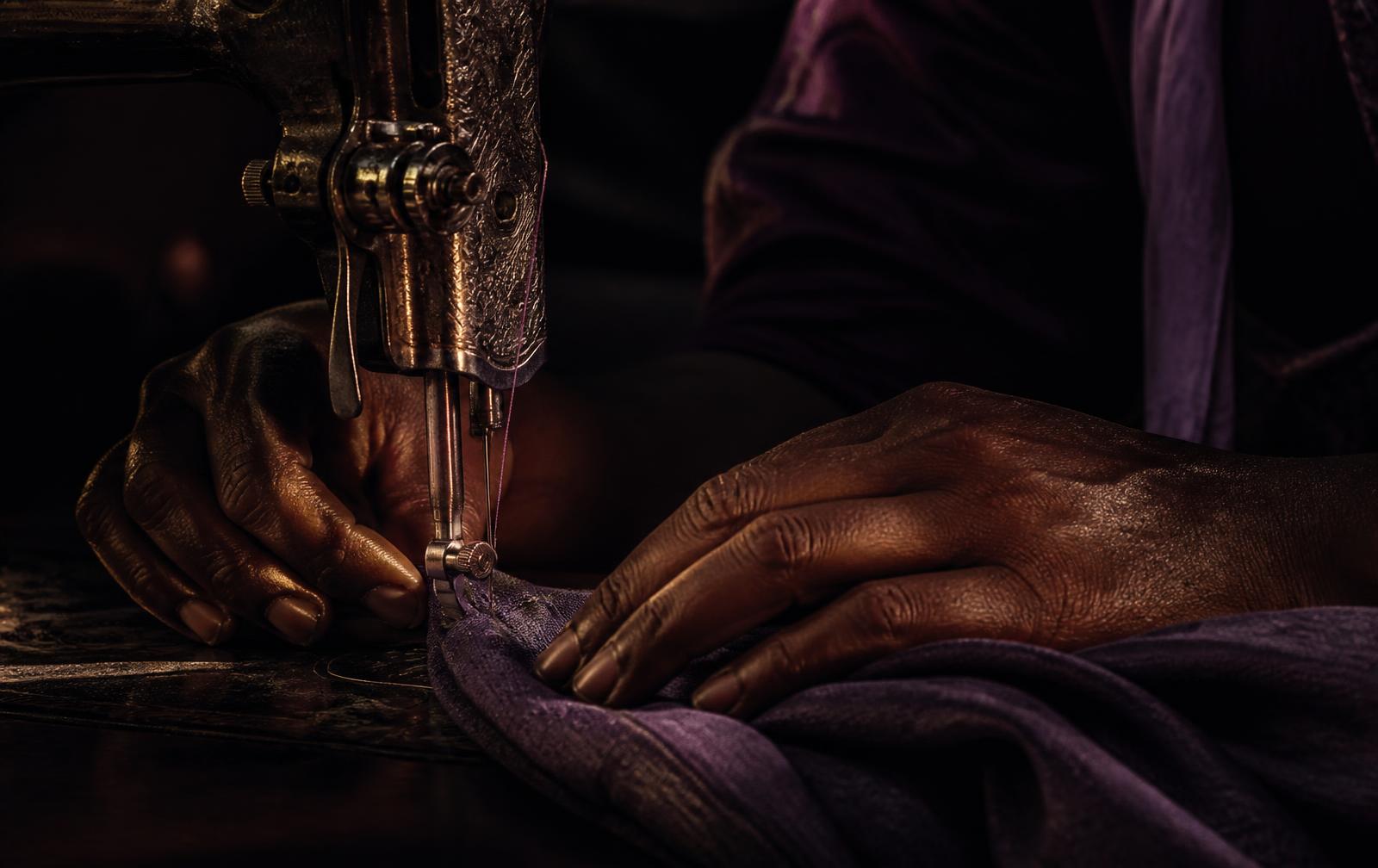A tailor guiding fabric through a sewing machine